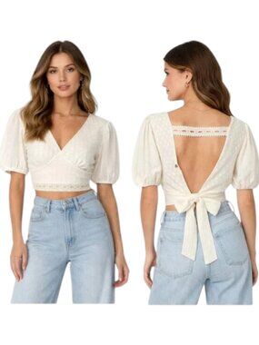 Z&L Europe Hampton Crop Top Ivory Open Back Puff Sleeve Size L